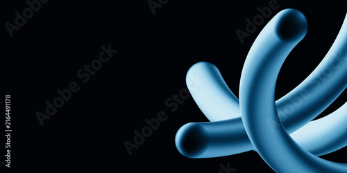 Intersecting blue tubular curved shapes on a black background with a grainy noise texture. Hand crafted digital abstract background.