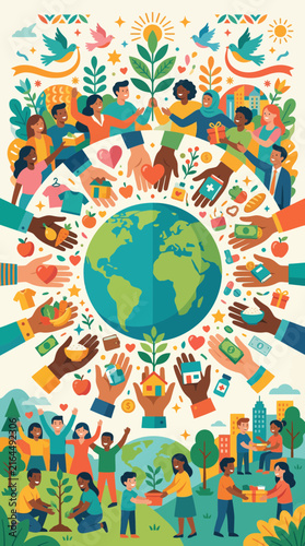 Hands holding Earth with environmental conservation symbols.