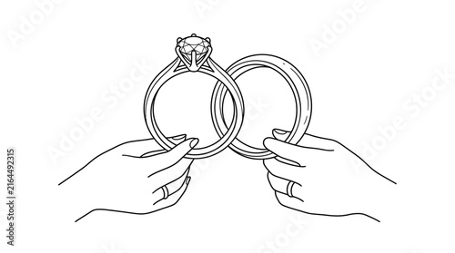 Hands holding interlocking wedding rings line art illustration.