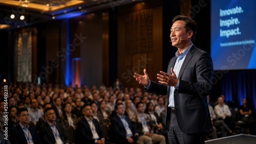 A man in business attire speaks confidently on stage to a large, attentive audience at a professional conference.