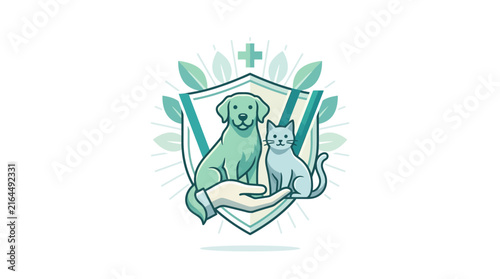 Hands holding dog and cat behind medical shield.