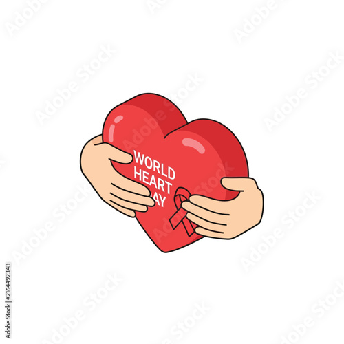 Hands hugging red heart symbol with awareness ribbon.