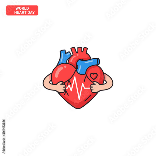 Hands hugging a stylized cartoon red heart symbol