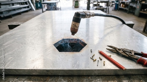 A plasma cutter hovers over a thick aluminum plate with a precisely cut hexagonal hole, surrounded by tools and metal shavings in a workshop setting. Ideal for industrial design