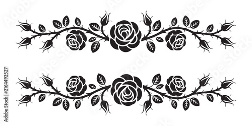 Symmetrical rose vine borders in black silhouette for elegant page dividers and ornamental framing elements.