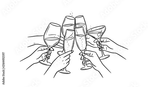 Bild auf Leinwand Diverse hands clinking wine champagne and martini glasses together in a circle t
