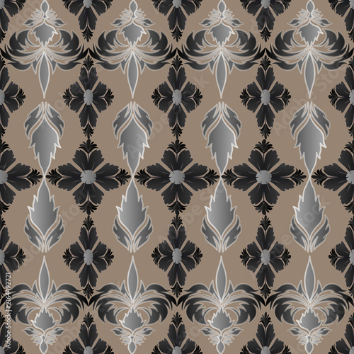 Vintage ornate damask floral seamless pattern on beige background, elegant vector design