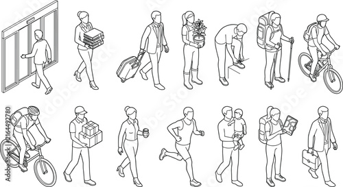 Isometric Everyday People Activities Collection with Commuters Workers Cyclists Hikers and Urban Characters Vector Set