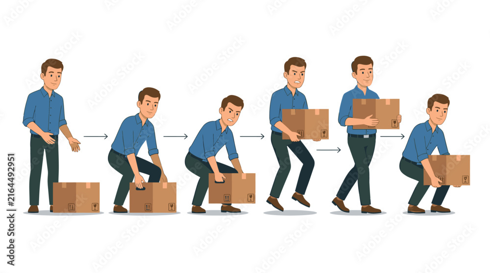 Fototapeta premium Minimalist of Man Lifting and Carrying Large Brown Cardboard Boxes in Sequential Steps with high quality professional line art symbols for modern creative design and digital branding projects