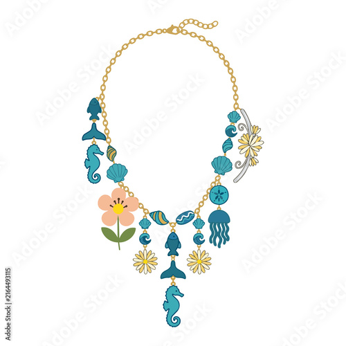 Whimsical coastal necklace. Luxury resort jewel. Isolated on a transparent background.