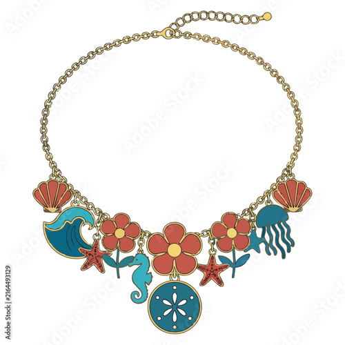 Vintage floral- nautical necklace. Statement fashion accessory. Isolated on a transparent background.