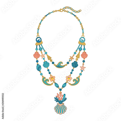 Whimsical coastal necklace. Luxury resort fashion accessory. Isolated on a transparent background.