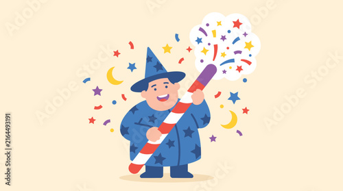 Happy wizard character celebrating with a magical staff and confetti