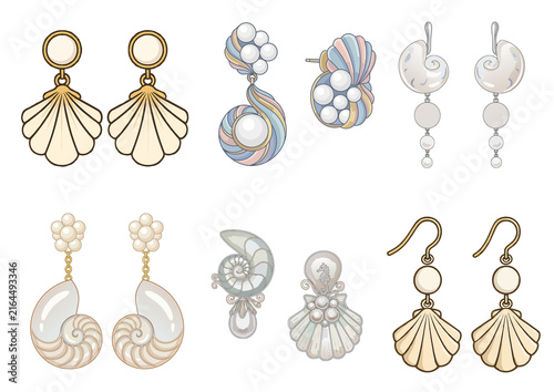 collection of seashell and pearl earrings. Isolated on a transparent background.