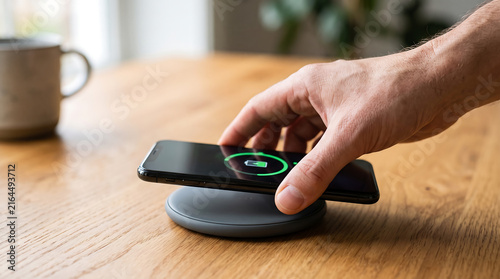 Close up of a hand placing a smartphone on a wireless charging pad on a wooden desk, showing convenient mobile technology and battery charging.