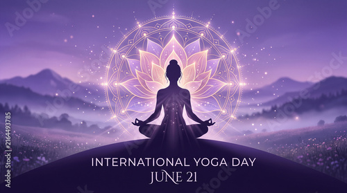 International Yoga Day June 21 silhouette meditative pose hilltop purple sky glowing lotus design serene landscape mindfulness balance nature connection spirituality   generative ai