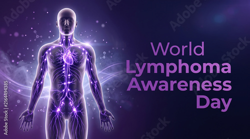 World Lymphoma Awareness Day digital illustration glowing purple lymphatic system human figure dark background health education cancer awareness global campaign   generative ai