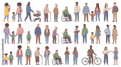 Diverse groups of people including elderly individuals families and children illustrated in a flat cartoon style on transparent background