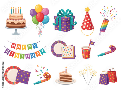Colorful birthday party collection featuring cake balloons gift boxes confetti streamers and decorative ornaments illustrated in bright cartoon style on transparent background