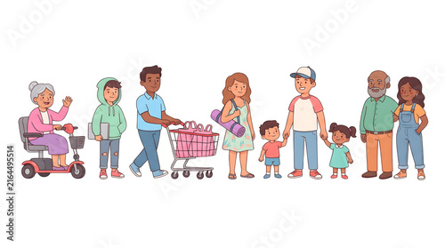 Diverse group of cartoon people including elderly woman child and parents walking together as a community on transparent background