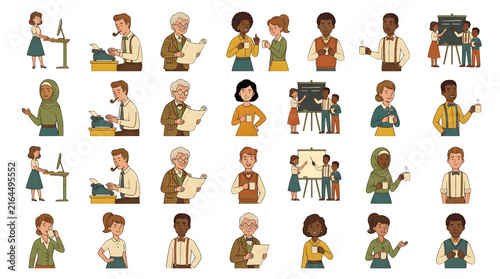 Diverse group of professional people engaging in various workplace activities in this colorful collection of stylized characters on transparent background