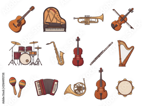 Detailed collection of diverse orchestral instruments including guitar piano drums and brass shown in flat vector style on transparent background