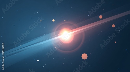 Bright glowing star with cosmic rays and planets floating in deep space