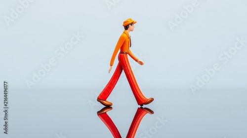 Miniature plastic figurine of a man walking with reflection toy model sculpture