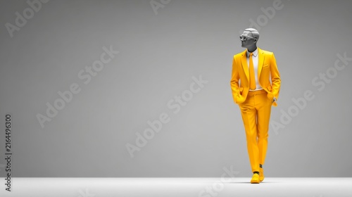 Stylish male mannequin wearing a vibrant yellow suit walks forward fashion