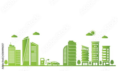 Green eco friendly city skyline illustration with modern buildings and trees isolated on a white background