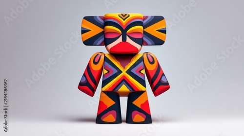 Colorful abstract robot figurine featuring intricate tribal patterns and geometric shapes