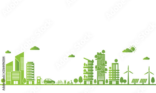 Green eco friendly city skyline illustration featuring sustainable buildings renewable energy sources and lush urban nature landscape