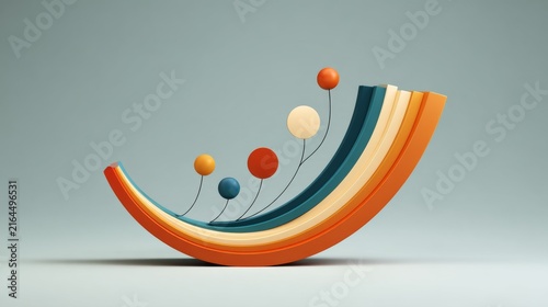 Abstract curved shapes and colorful spheres standing on thin stems modern