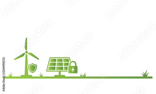 Green energy concept featuring a wind turbine and solar panel with a security padlock icon illustration
