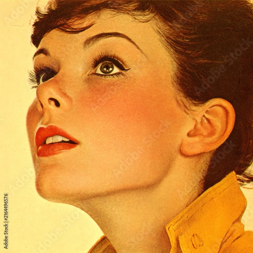 Vintage illustration of a young woman looking up with red lips and brown hair