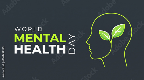 World Mental Health Day graphic design green highlighted text human head outline leaves symbol dark background awareness support well-being growth campaign   generative ai
