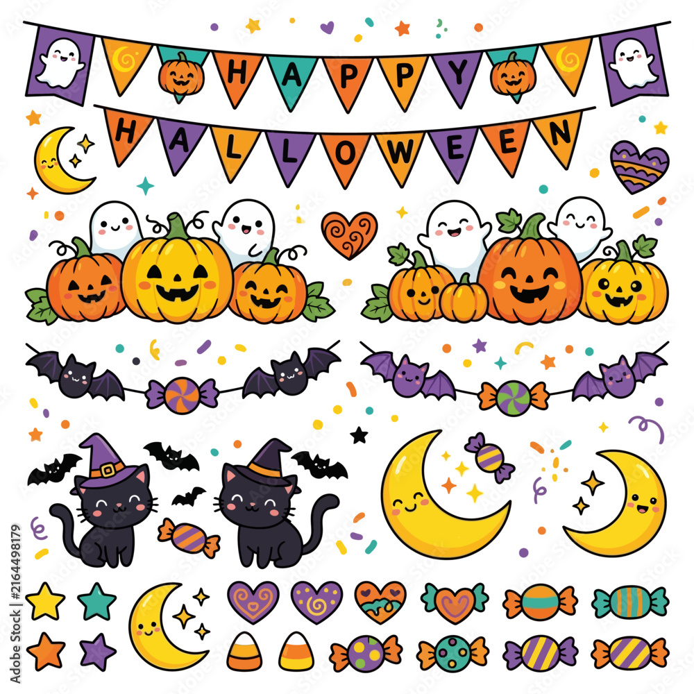 Obraz premium Festive Kawaii Halloween Vector Set: Adorable Ghosts, Pumpkins, Cats, and Candies