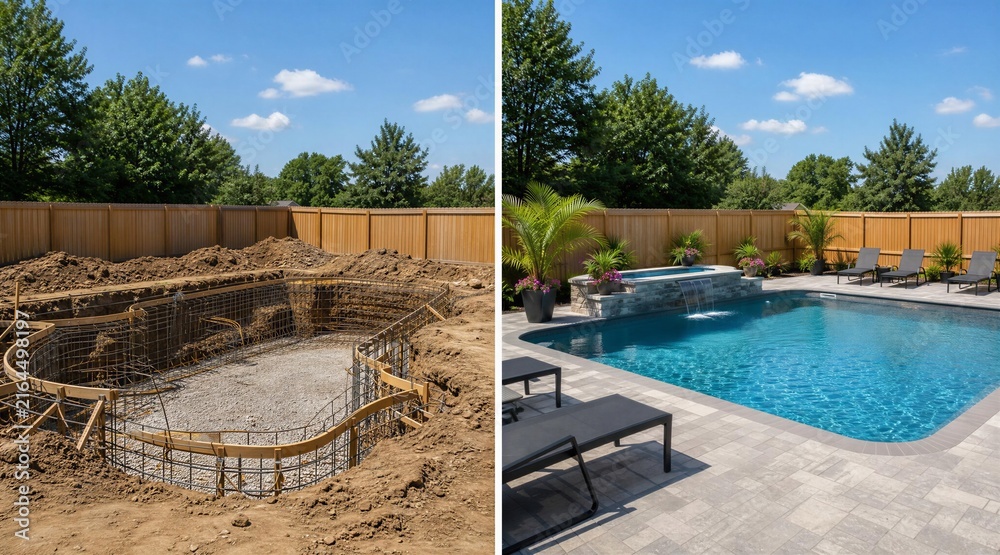 Fototapeta premium Backyard Pool Construction Before and After Transformation