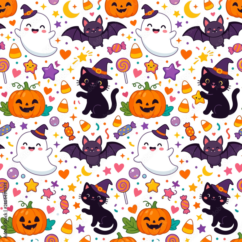 Fototapeta premium Playful Kawaii Halloween Seamless Pattern with Cute Ghosts, Bats, Cats, Pumpkins, and Candies