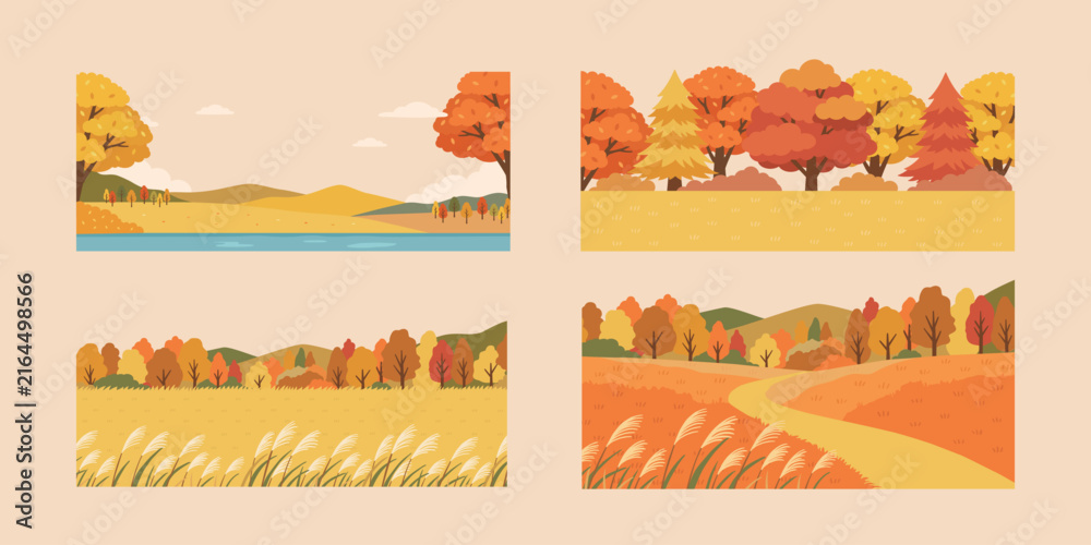 Fototapeta premium Flat Vector Autumn Landscape Banners with Trees and Fields