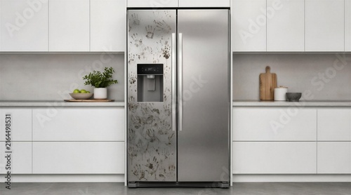 Stainless Steel Refrigerator Covered in Dirty Handprints