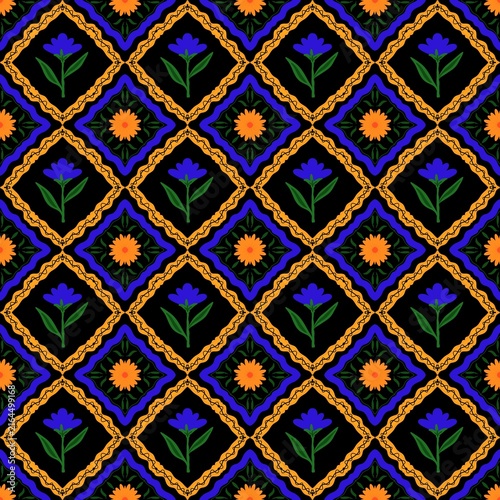 thai art pattern Vibrant seamless folk art floral pattern with blue and orange flowers on black background.