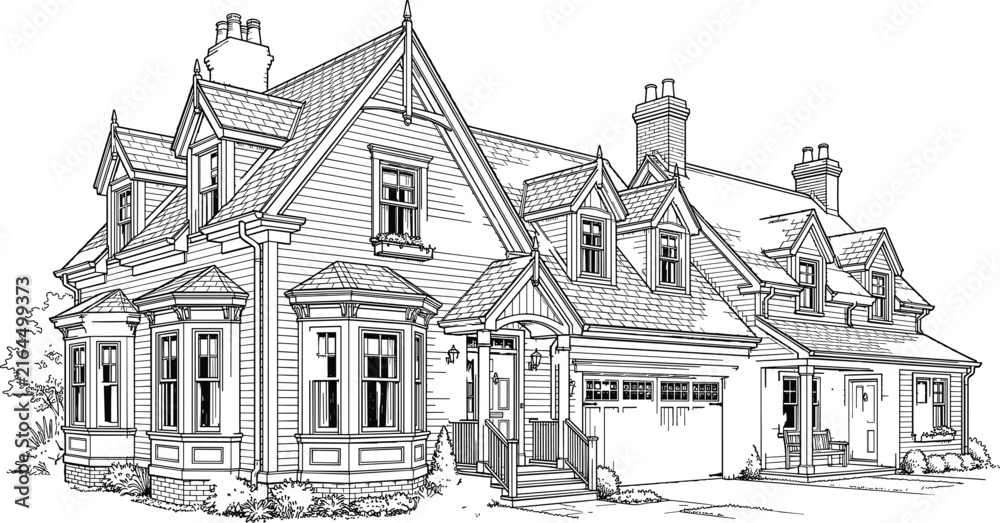Fototapeta premium Vintage victorian style cottage mansion sketch vector illustration showing beautiful bay windows gables and multi car garage