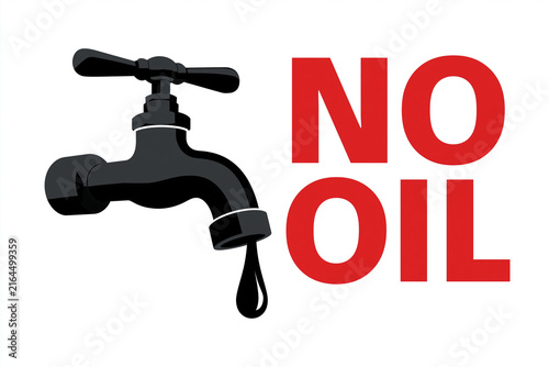 A striking black faucet dripping a single dark drop, positioned beside the bold, red text 'NO OIL' on a clean white background, symbolizing environmental activism, the cessation of fossil