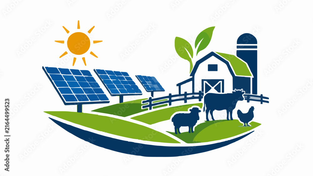 Fototapeta premium The image is an illustration of a farm scene with a blue and green color scheme. It features a white barn with a green roof and a chimney on the right side, a wooden