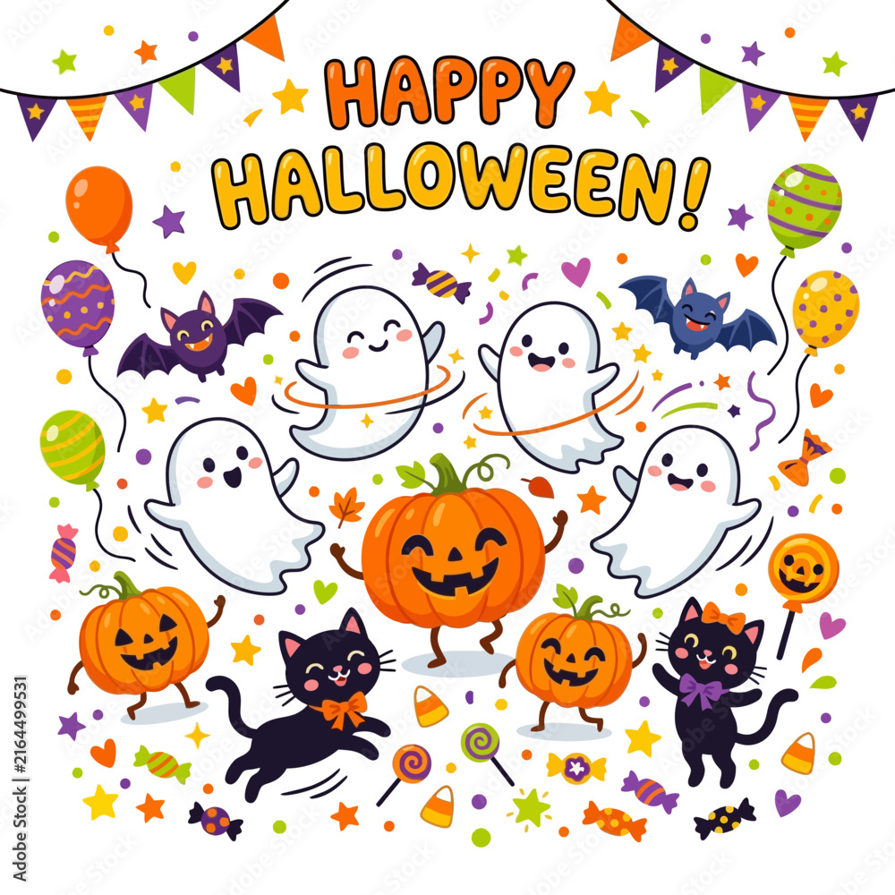 Fototapeta premium Joyful Halloween Festivities with Cute Dancing Ghosts, Pumpkins, and Black Cats