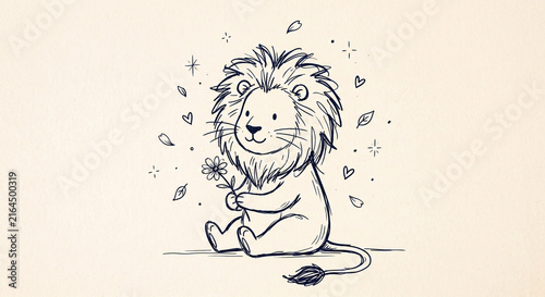 Minimalist hand-drawn illustration of a gentle lion sitting and holding a flower. Cute black ink line art sketch, simple organic doodle style with hearts and stars on a cream background.