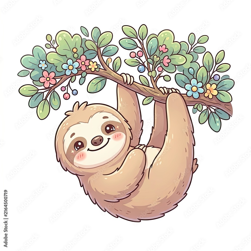 Naklejka premium Cute Cartoon Sloth Hanging from a Tree Kawaii Illustration Isolated on White Background
