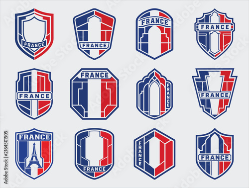 France flag badge set with Eiffel Tower shield emblem vector collection