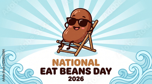Cartoon bean wearing sunglasses relaxing on beach chair cheerful sunny background blue waves light rays National Eat Beans Day 2026 playful humorous celebration design   generative ai